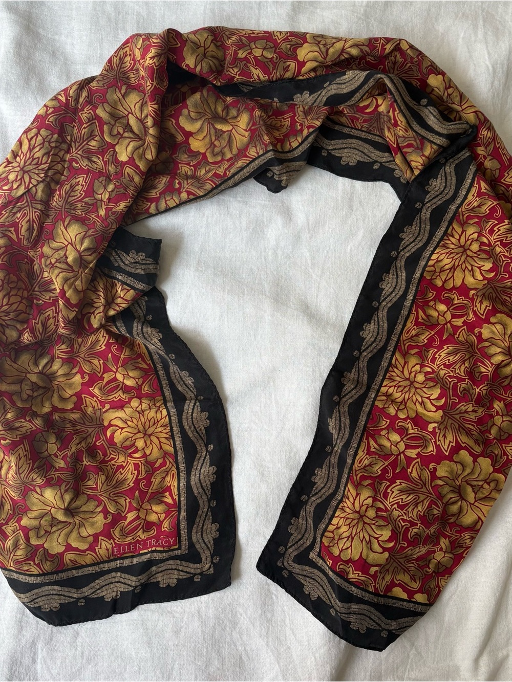 Vintage Ellen Tracy Floral Silk Scarf Red Gold Black Baroque Border 52”x15”